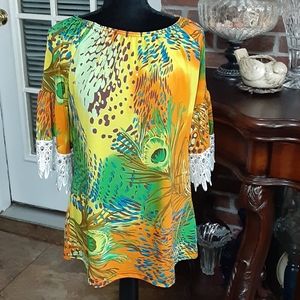 WinWin Half Sleeve Lace Tunic yellow orange green half sleeve Stretch S/M EUC…